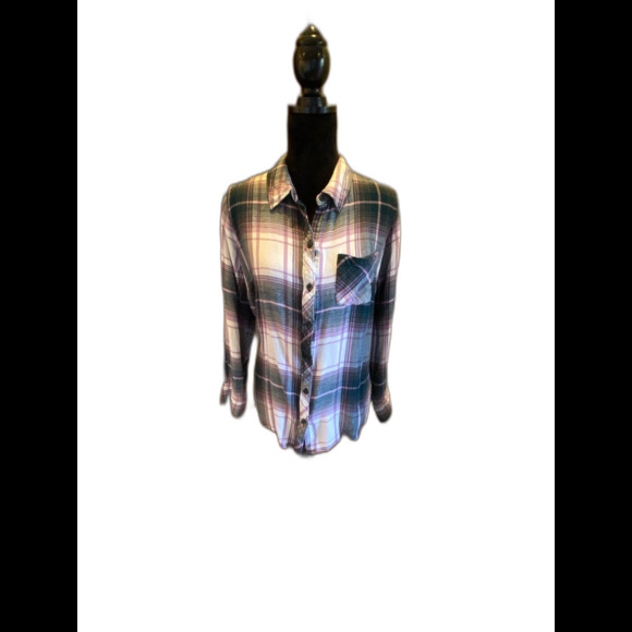Terra & Sky Flannel Shirt Plus Size 1X Top Plaid Purple Pink Womans Button down - Picture 2 of 7